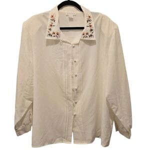 Vintage 80s Autumn Embroidered Blouse Cream 4X Plus Size Boho Cottagecore Fall